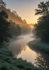 River winding through a misty forest at sunrise