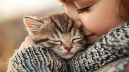 A person tenderly holding and cuddling a small sleeping kitten in a warm and affectionate embrace providing comfort and care to the young vulnerable animal