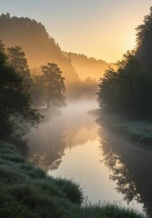 River in foggy landscape at dawn