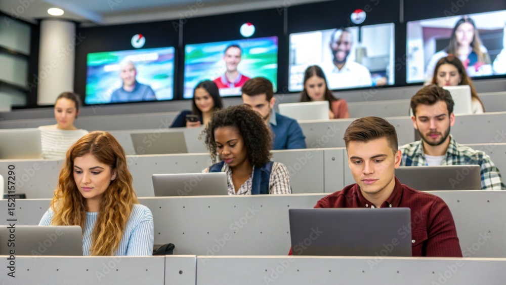 Aufkleber students using laptops in a modern lecture hall with video screens showing remote participants in th