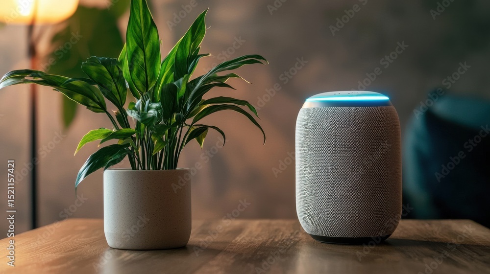 Poster a modern minimalist smart home assistant device with a voice interface designed to provide convenien