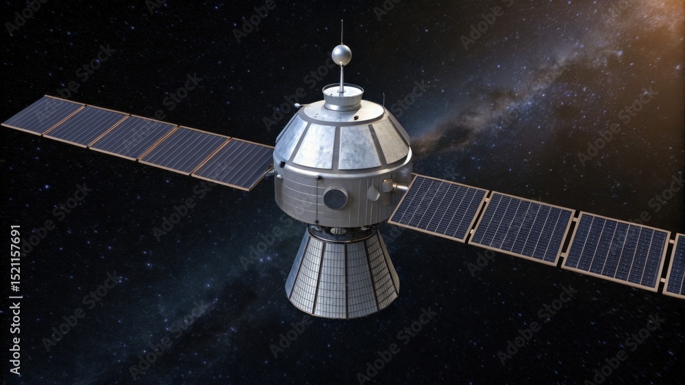 Poster a satellite with large solar panels orbits in outer space against a backdrop of stars and the milky 