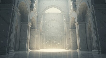 Sunlit marble hall interior with arched doorways