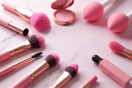A collection of pink makeup brushes arranged neatly on a table
