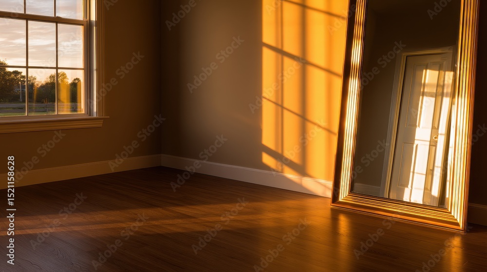 Aufkleber sunlight streaming through a window casts warm shadows in an empty room with a large mirror