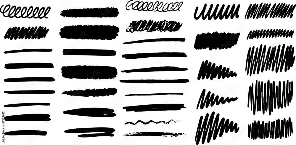 Poster hand-drawn scribbles and brush lines in black marker with different stroke styles on transparent bac