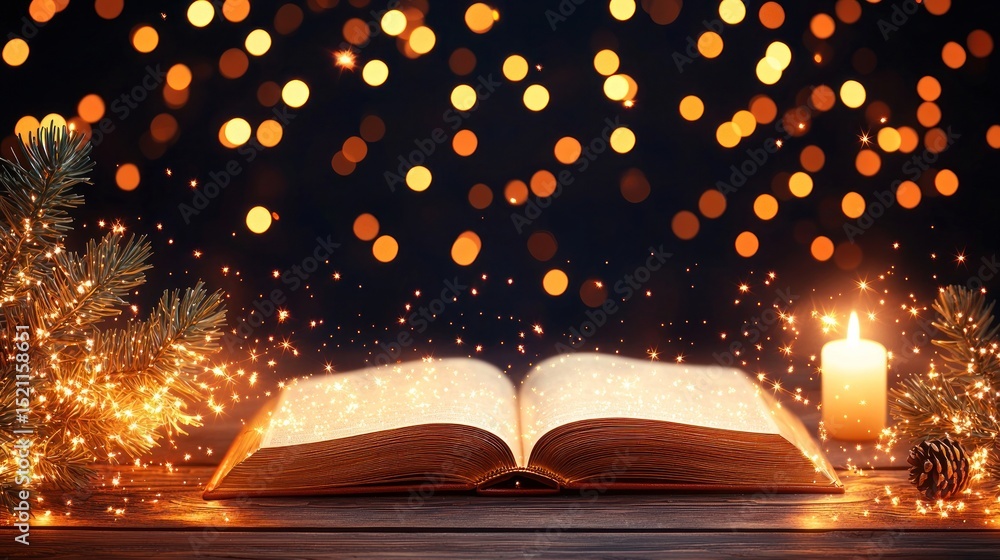 Poster open book with sparkling light amidst christmas decorations and bokeh