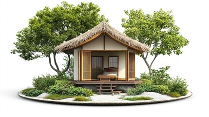 A small, thatched-roof hut with open wooden doors reveals a simple bed inside.  It's nestled within a lush, miniature zen garden on a circular base, surrounded 
