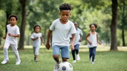 Young boy dribbling soccer ball in park with friends - Powered by Adobe