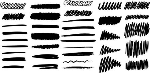 Hand-drawn scribbles and brush lines in black marker with different stroke styles on transparent background. Vector EPS 10