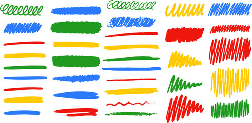 Hand-drawn colorful strokes, scribbles and lines made with markers in red, yellow, green and blue, isolated on transparent background. Vector EPS 10