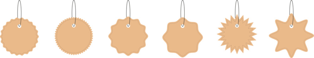 Set of kraft paper gift tags with stitched edges and various decorative shapes, isolated on transparent background