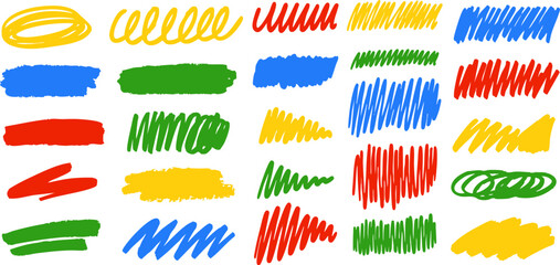 Set of playful crayon scribbles and colorful marker doodles in red, blue, green and yellow for creative and fun design use. Vector EPS 10