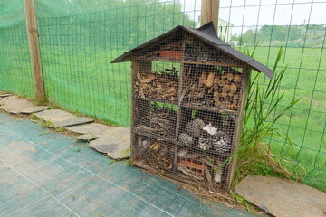 Wooden insect hotel providing shelter and nesting habitats in garden