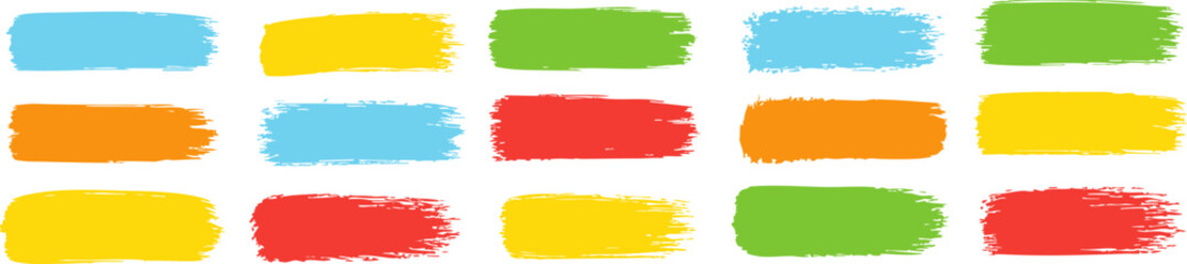 Collection of flat colorful brush strokes in blue, yellow, green, red, and orange, isolated on transparent background for decoration and creative design. Vector EPS 10