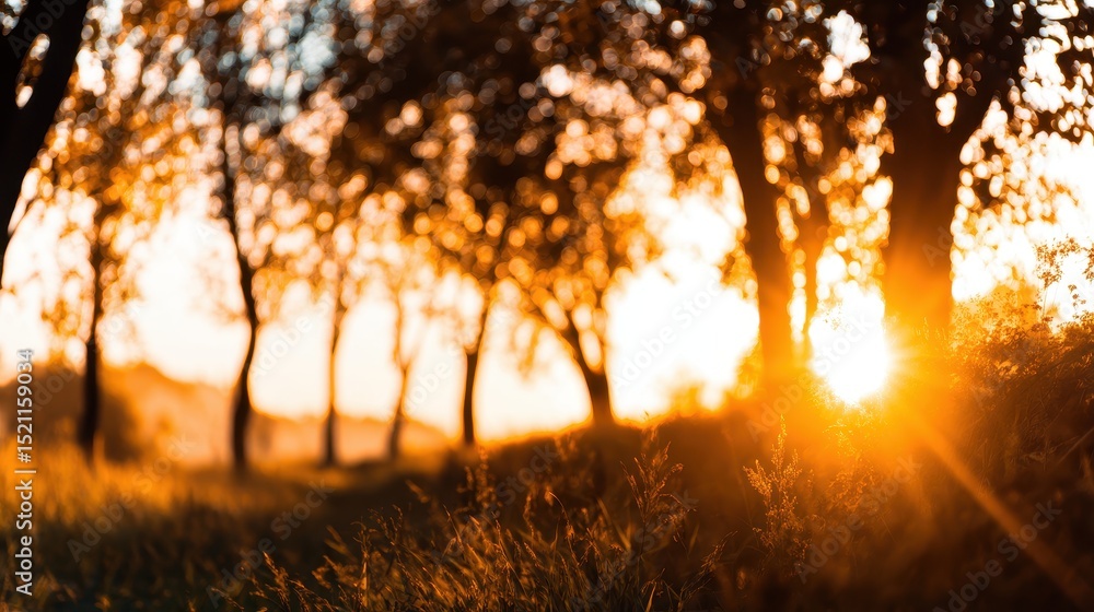 Poster serene sunset illuminating a tree-lined path with golden light and soft grass in the foreground