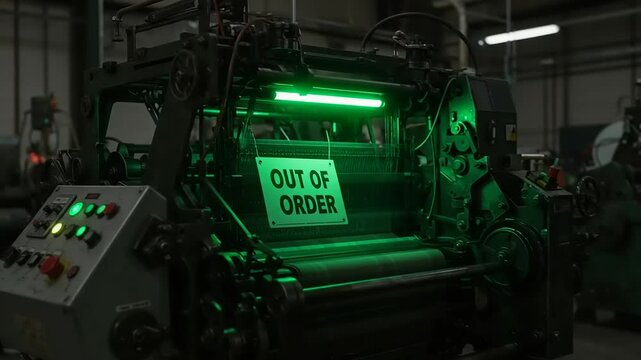 Industrial printing machine with a glowing green light and an out-of-order sign in a factory
