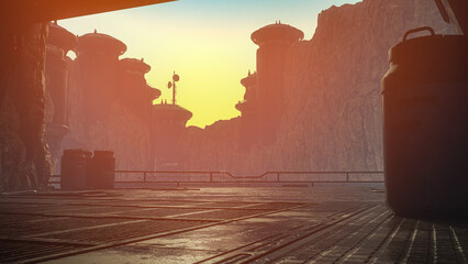 Moody atmospheric science fiction future fantasy industrial environment  background with sunset lighting. 3D illustration.