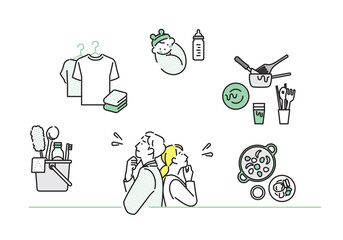 シンプル　イラスト　仕事と家事育児に悩む夫婦のベクターイラスト © kogome