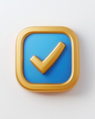 3D rendered gold-bordered blue square with a golden checkmark