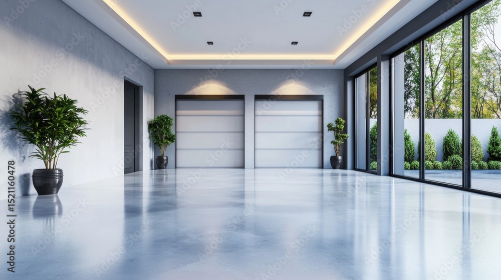 Aufkleber a spacious and minimalist garage interior with automated smart door openers that can be controlled r