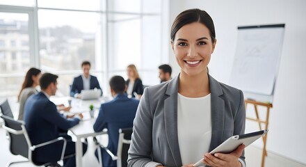 A confident businesswoman stands poised at the forefront of a meeting, with her colleagues engaged in a collaborative discussion.
