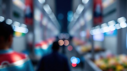 Fototapeta premium Blurred view of a bustling indoor market scene showcasing vibrant colors and movement