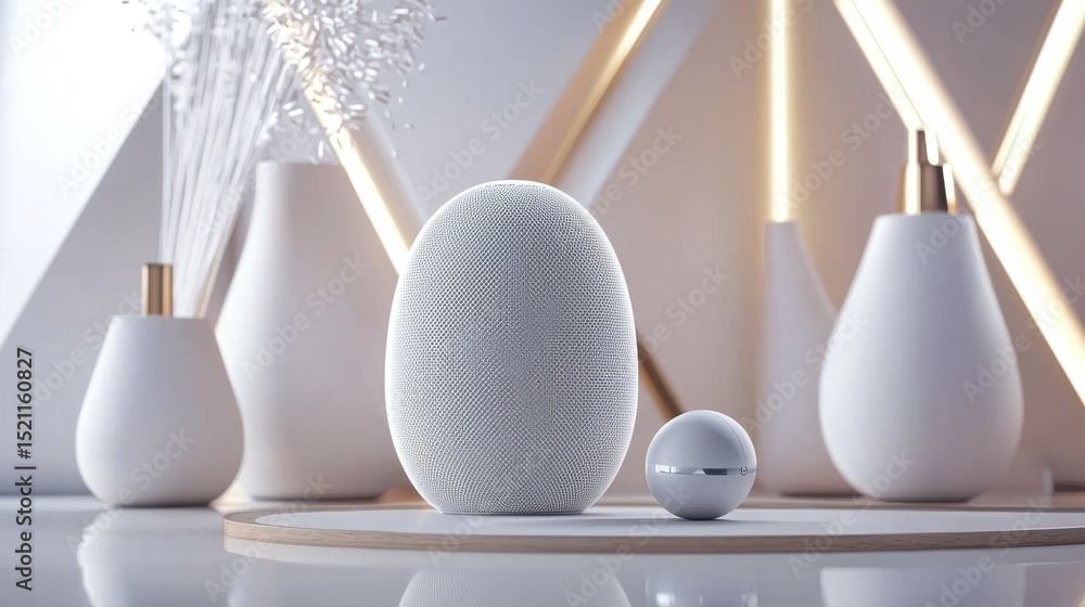 Poster white minimalist smart speakers arranged on a wooden surface serving as a central hub for controllin