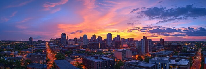 Fototapeta premium Detroit Mi Skyline at Dusk Overlooking from Windsor, Ontario, Canada - Cityscape of Michigan and American Architecture