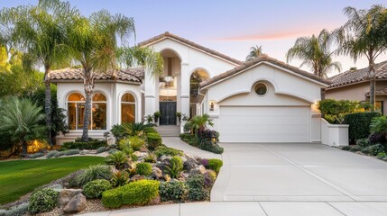 A grand Spanish inspired home with a tile roof arched a well manicured garden featuring palm trees shrubs and a paved driveway set in an affluent suburban