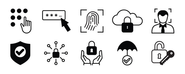 Personal Access - thin line vector icon set. Pixel perfect. Editable stroke. The set contains icons: Security System, Digital Authentication, Data Protection, Padlock, Facial Recognition, Fingerprint.