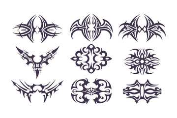 Collection of tribal tattoo designs. abstract symmetrical black vector art perfect for tattoo templates, logos, or decorative elements. Vector Illustration