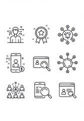 Line art icons representing networking, achievement and searching on white background