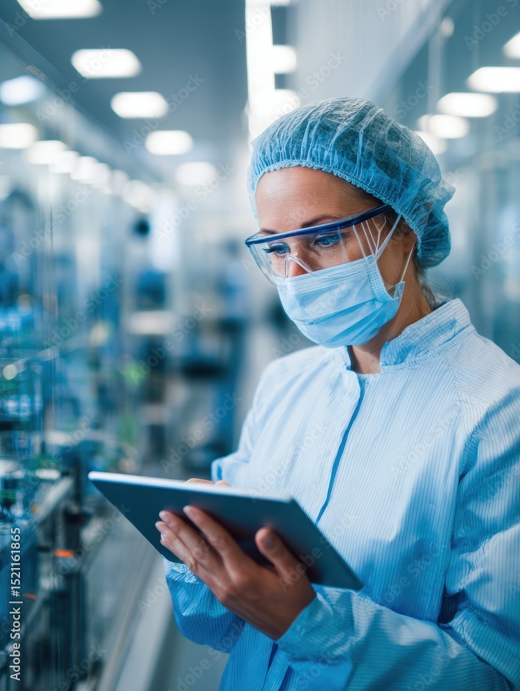 Poster scientist in a lab using a tablet while observing scientific equipment and experiments