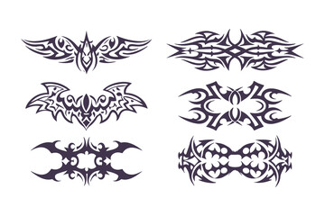 Collection of tribal tattoo designs. abstract symmetrical black vector art perfect for tattoo templates, logos, or decorative elements. Vector Illustration