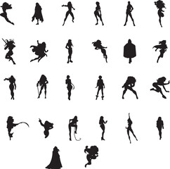 Collection of female superhero silhouettes in various dynamic poses showcasing strength and agility