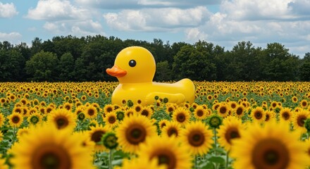 Giant rubber ducky in a sunflower field on a sunny day