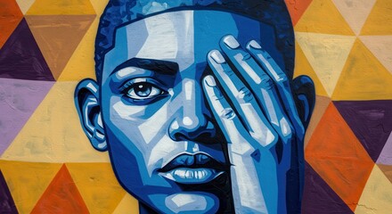 Blue monochrome portrait of person covering eye with hand