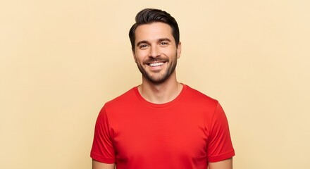 An attractive man, radiating warmth and confidence, with a genuine smile that lights up the frame, embodies approachability. Capturing the essence of positive self-expression.
