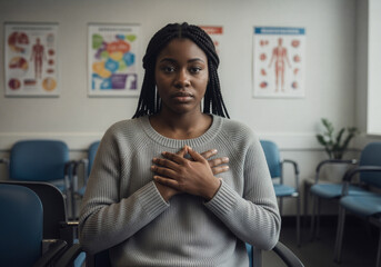 Young African American woman in medical waiting room with hands on chest, concerned expression