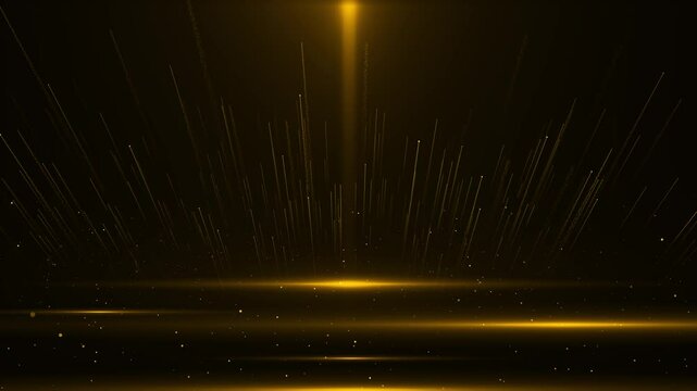 luxury golden fan shape wall sparkling with magical stardust particles Golden particle lights flashing awards stage background. performance. podium Futuristic showcase Festive podium stage stand 3D 4K