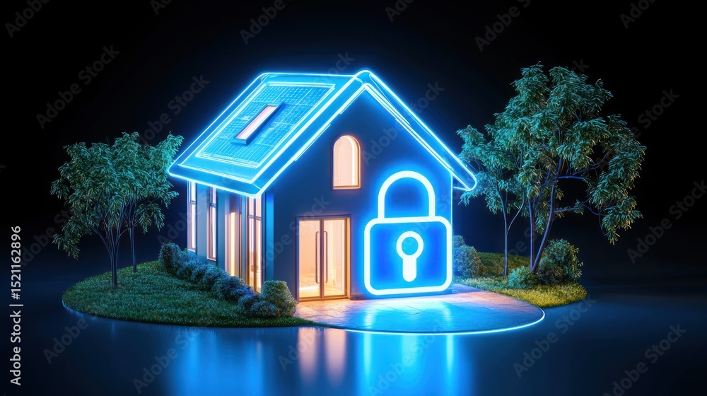 Poster a futuristic house with a neon outline and security lock
