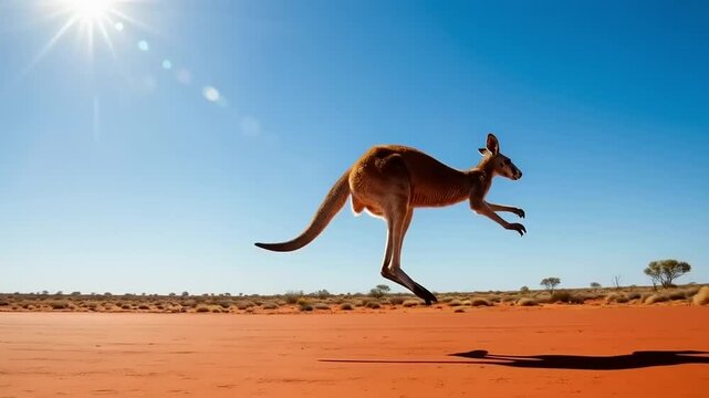 Kangaroo leaping across the vibrant red desert under a bright sun in the Australian outback