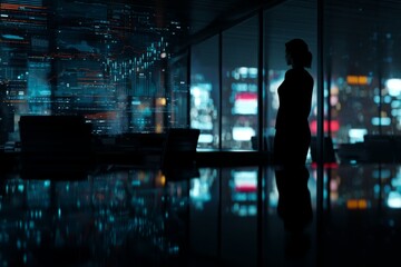 Woman Silhouette in Modern Office with Digital Cityscape Reflections, Futuristic Data Visualization, and Nighttime Atmosphere