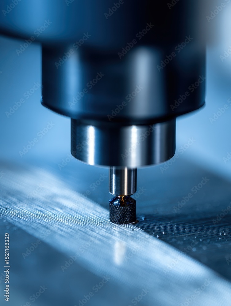 Poster precision machining process with a close-up of a cutting tool on a metallic surface in a workshop