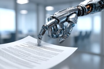 Robotic Hand Holding Document in Modern Office Environment Showcasing Technology and Innovation in Office Settings