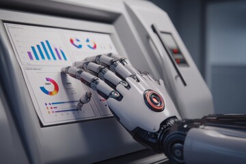 Robotic Hand Interacting with Touchscreen Display Showcasing Data and Graphs in a Modern Futuristic Environment