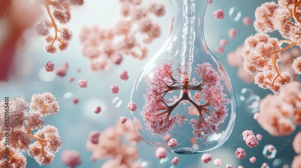 Poster detailed microscopic view of lung tissue infected with a microscopic virus or bacteria highlighting 