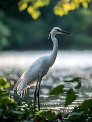 Obraz premium A crane stands quietly by the lakeside, with a soft background creating a serene and peaceful scene
