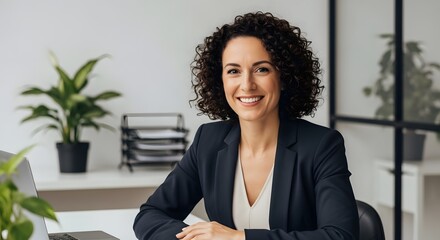 A confident business professional with a warm smile, exudes an air of capability and composure within a modern office setting. capturing the essence of professional achievement and leadership.